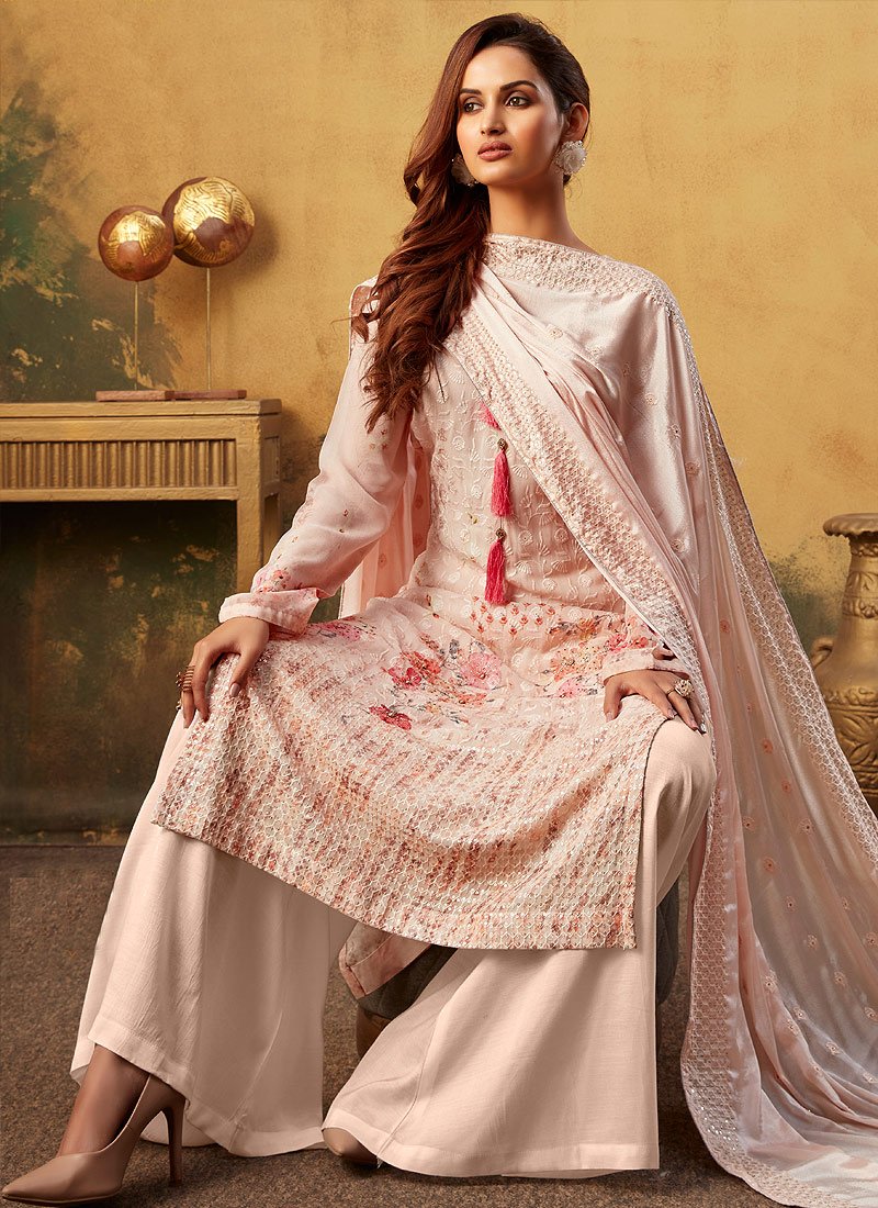 Soft Peach Embroidered Bamber Georgette Palazzo Suit