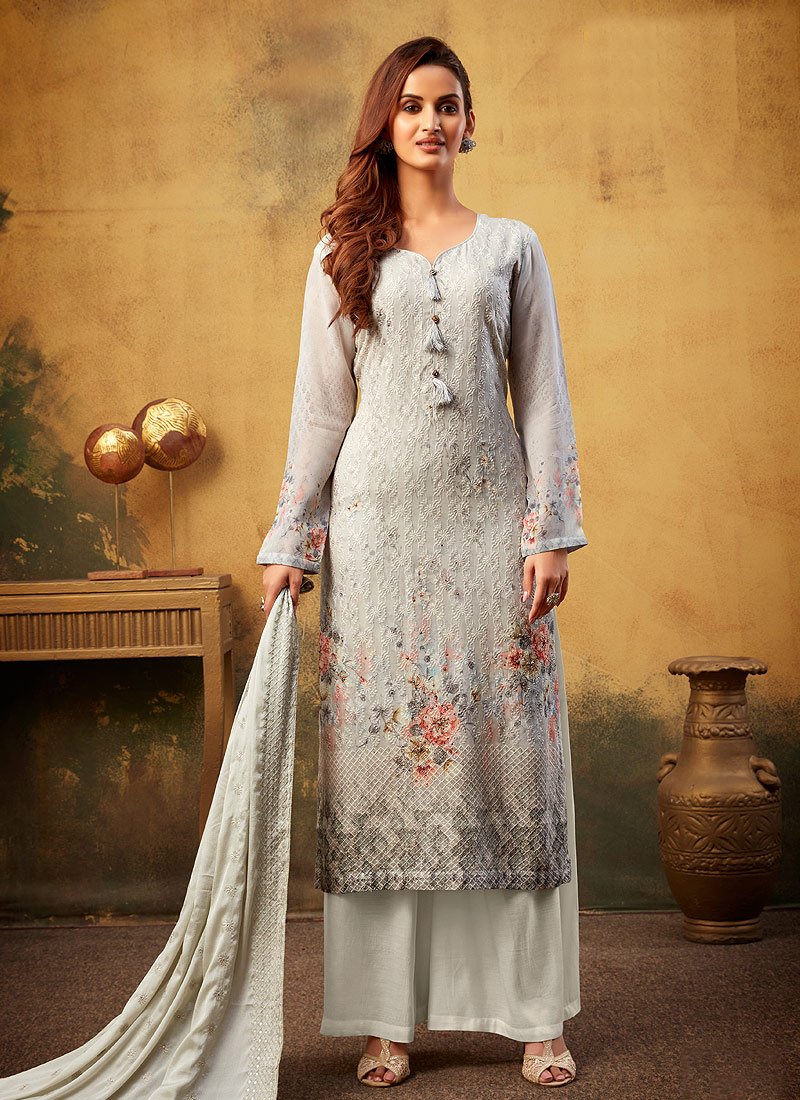 Grey Embroidered Suit - Buy Bamber Georgette Palazzo Suit