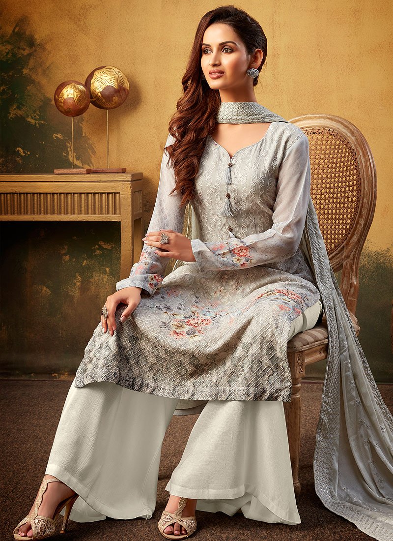 Grey Embroidered Bamber Georgette Palazzo Suit