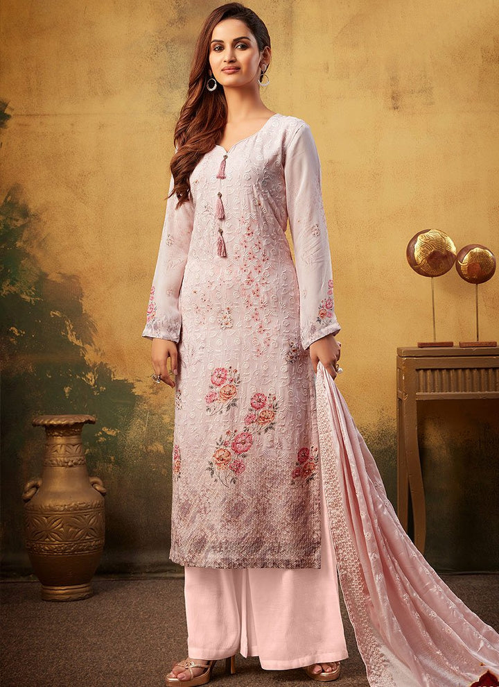 Barbie Pink Embroidered Suit - Buy Bamber Georgette Palazzo Suit