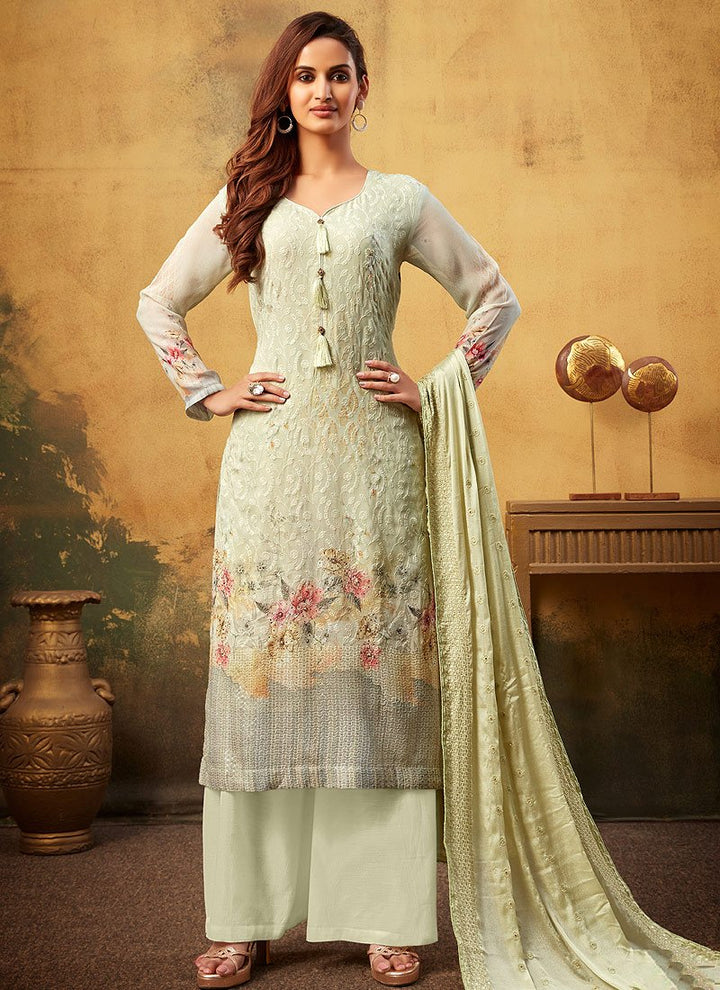 Light Green Embroidered Suit - Buy Bamber Georgette Palazzo Suit