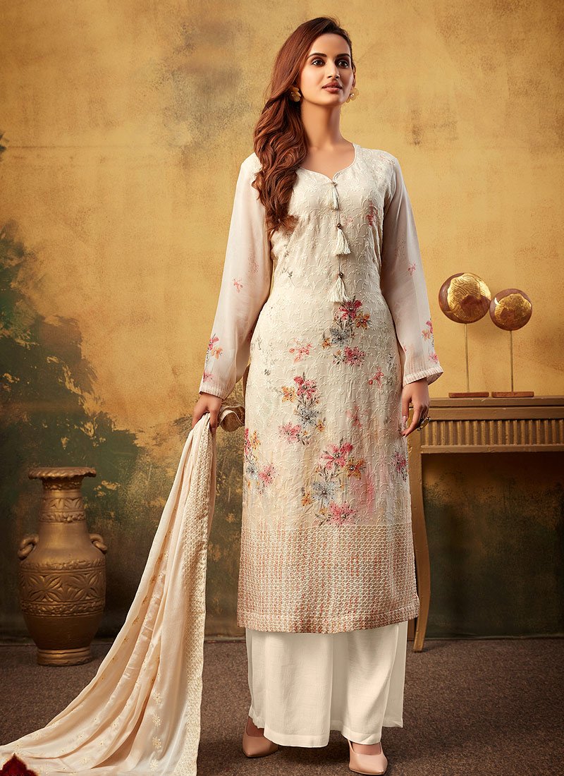 Cream Embroidered Suit - Buy Bamber Georgette Palazzo Suit