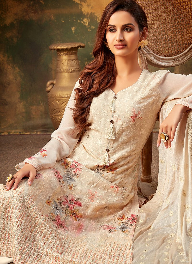 Cream Embroidered Bamber Georgette Palazzo Suit