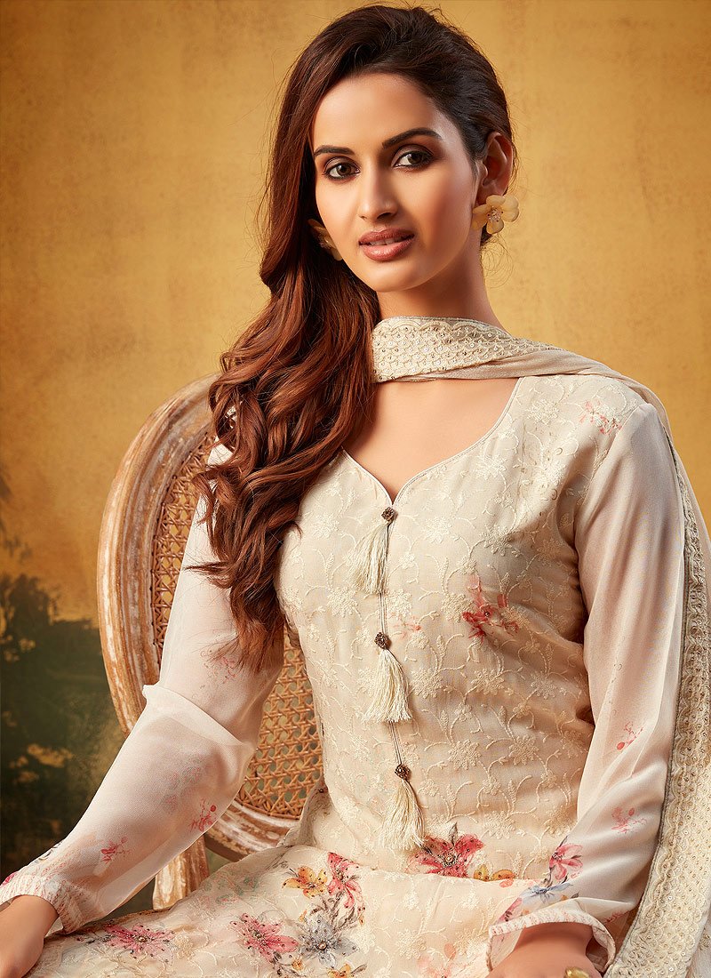 Cream Embroidered Bamber Georgette Palazzo Suit