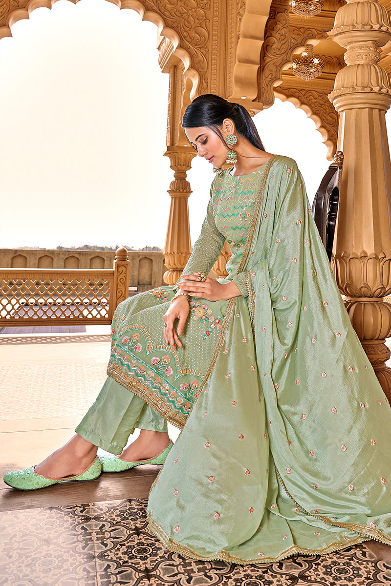Buy Sea Green Georgette Viscose Suit - Embroidered Salwar Suit
