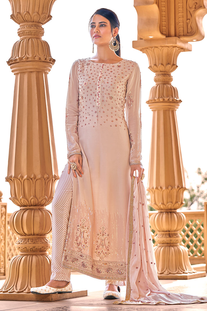 Buy Peachy Pink Georgette Viscose Suit - Embroidered Salwar Suit