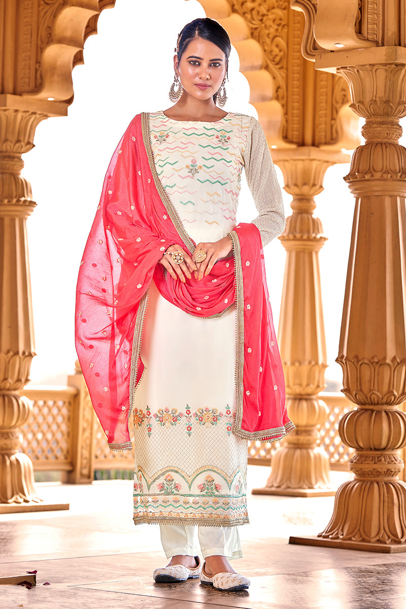 Buy Off White Georgette Viscose Suit - Embroidered Salwar Suit