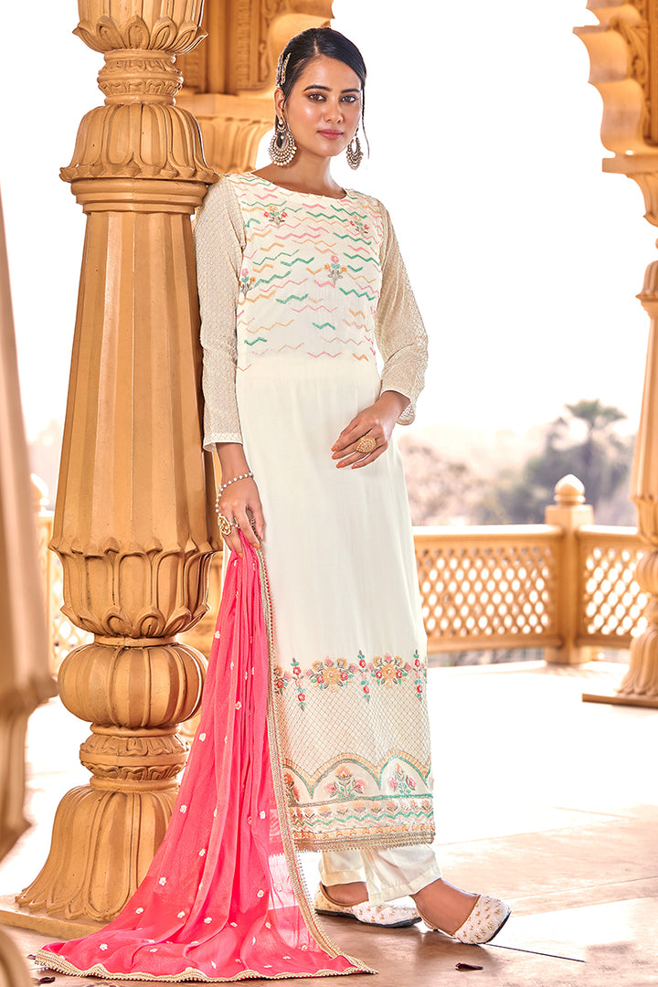 Buy Off White Georgette Viscose Suit - Embroidered Salwar Suit