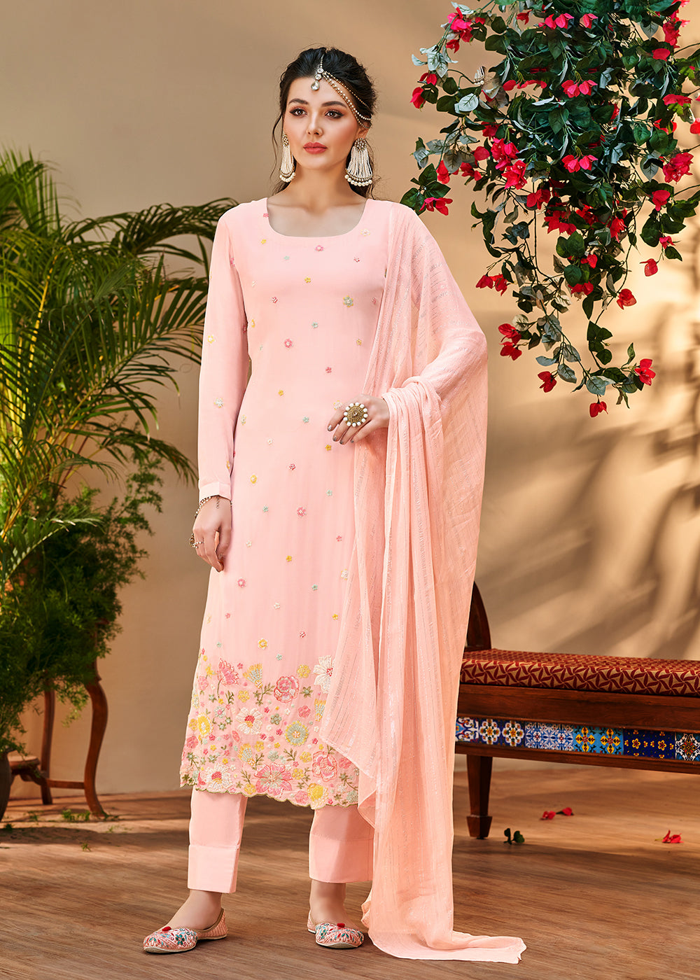 Buy Now Imperial Peachy Pink Georgette Embroidered Salwar Kurta Set Online in USA, UK, Canada & Worldwide at Empress Clothing. 