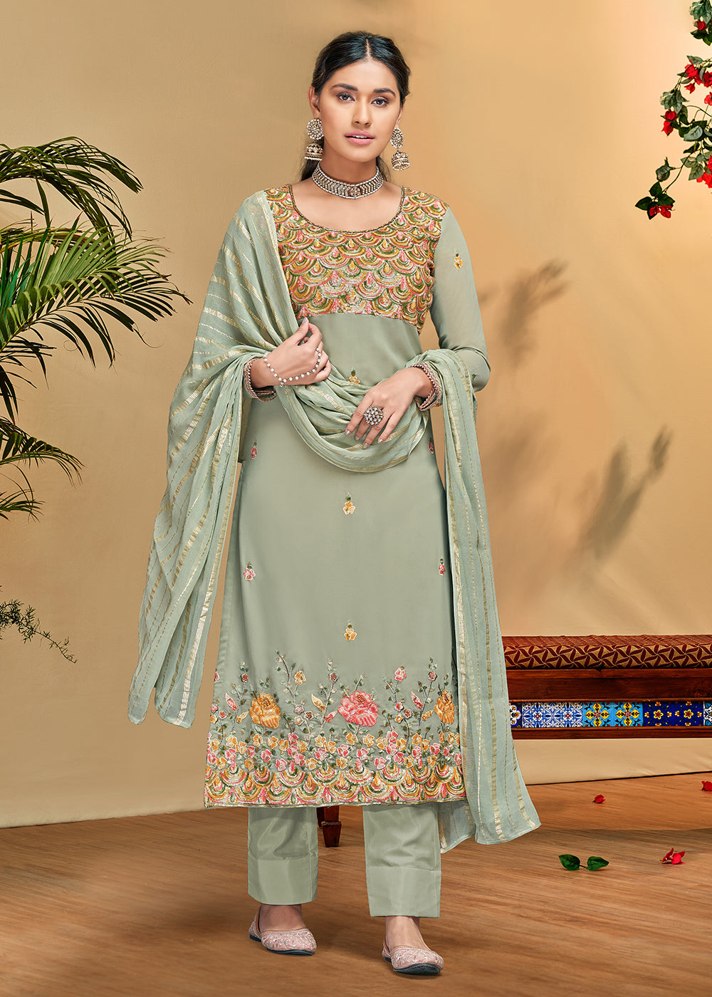 Buy Now Flamboyant Sage Green Georgette Embroidered Salwar Kurta Set Online in USA, UK, Canada & Worldwide at Empress Clothing.