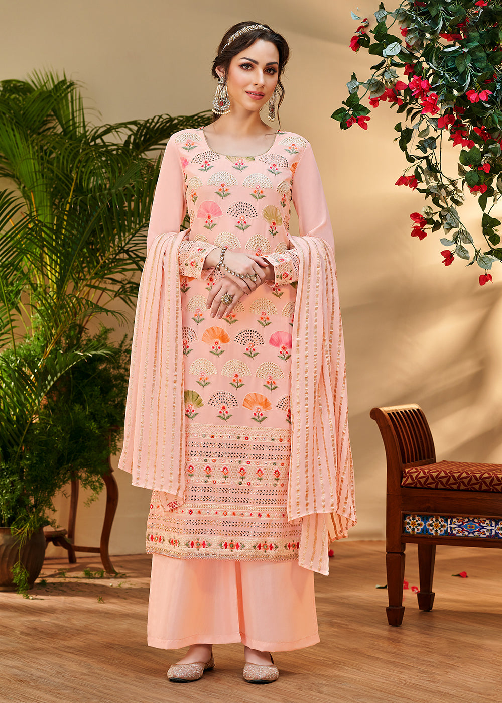 Buy Now Captivating Peach Georgette Embroidered Salwar Kurta Set Online in USA, UK, Canada & Worldwide at Empress Clothing.