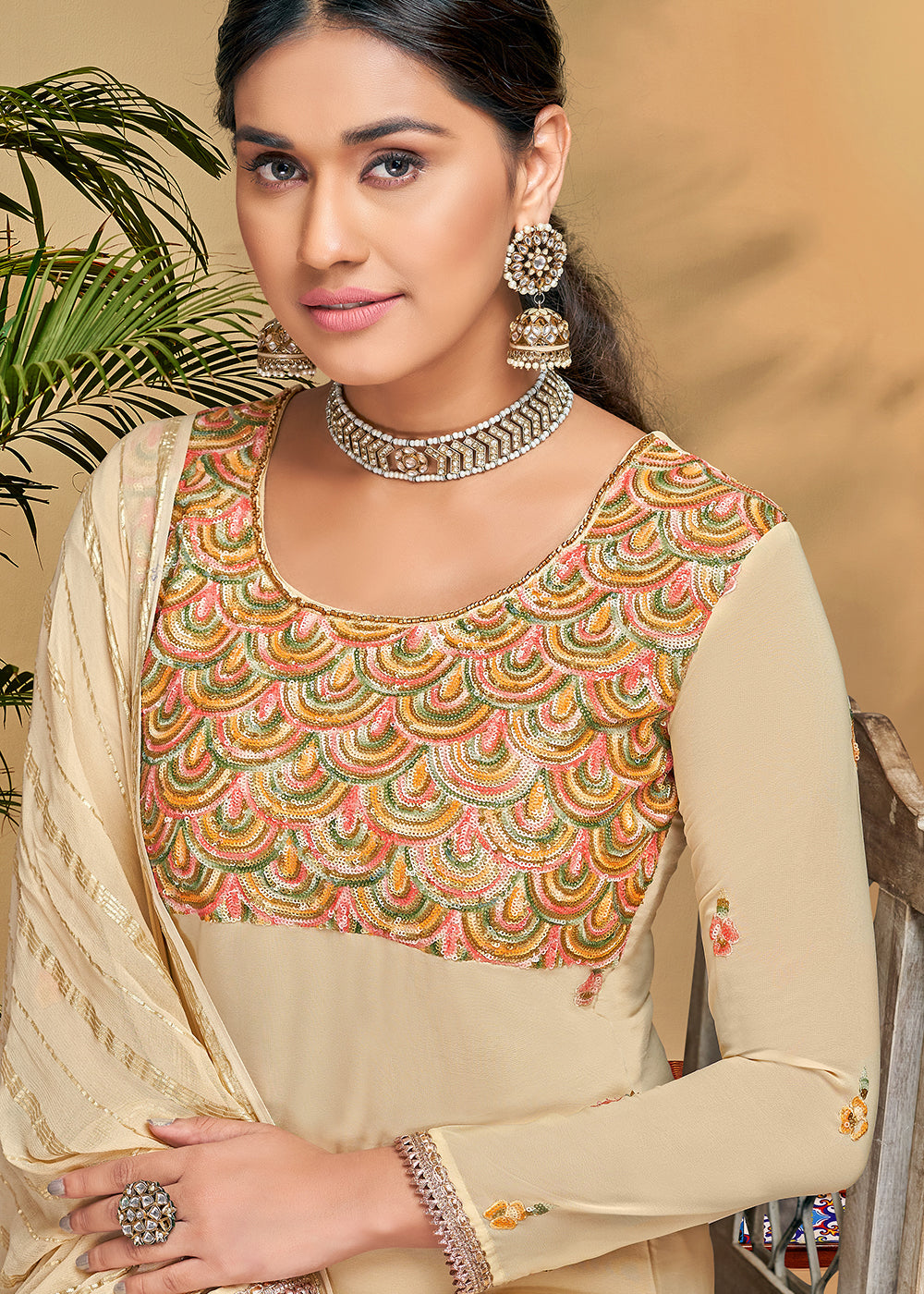 Buy Now Fantastic Creamy Beige Georgette Embroidered Salwar Kurta Set Online in USA, UK, Canada & Worldwide at Empress Clothing.