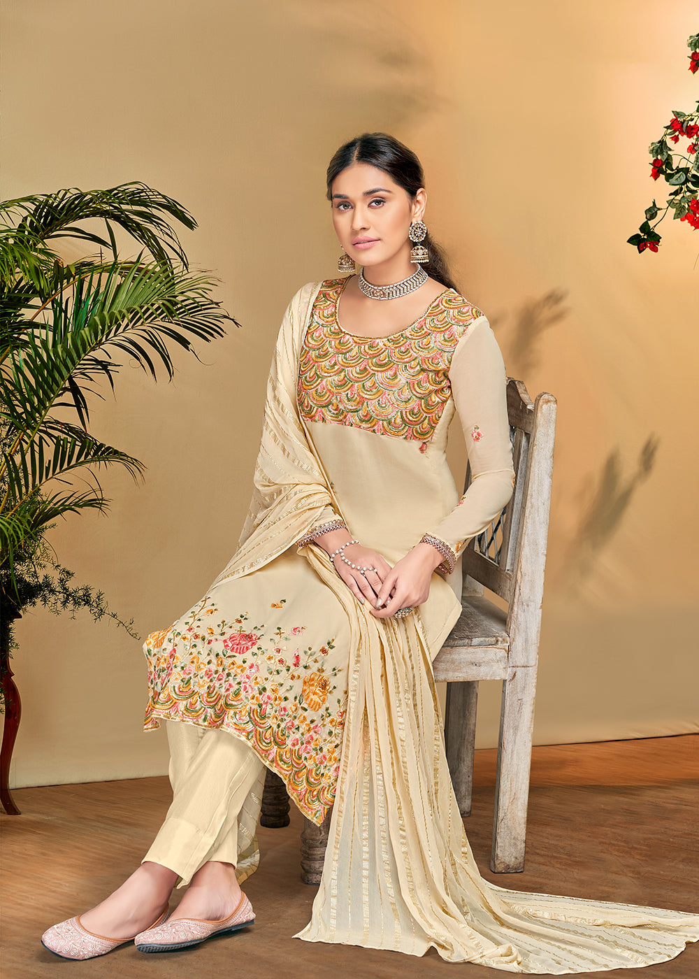 Buy Now Fantastic Creamy Beige Georgette Embroidered Salwar Kurta Set Online in USA, UK, Canada & Worldwide at Empress Clothing.