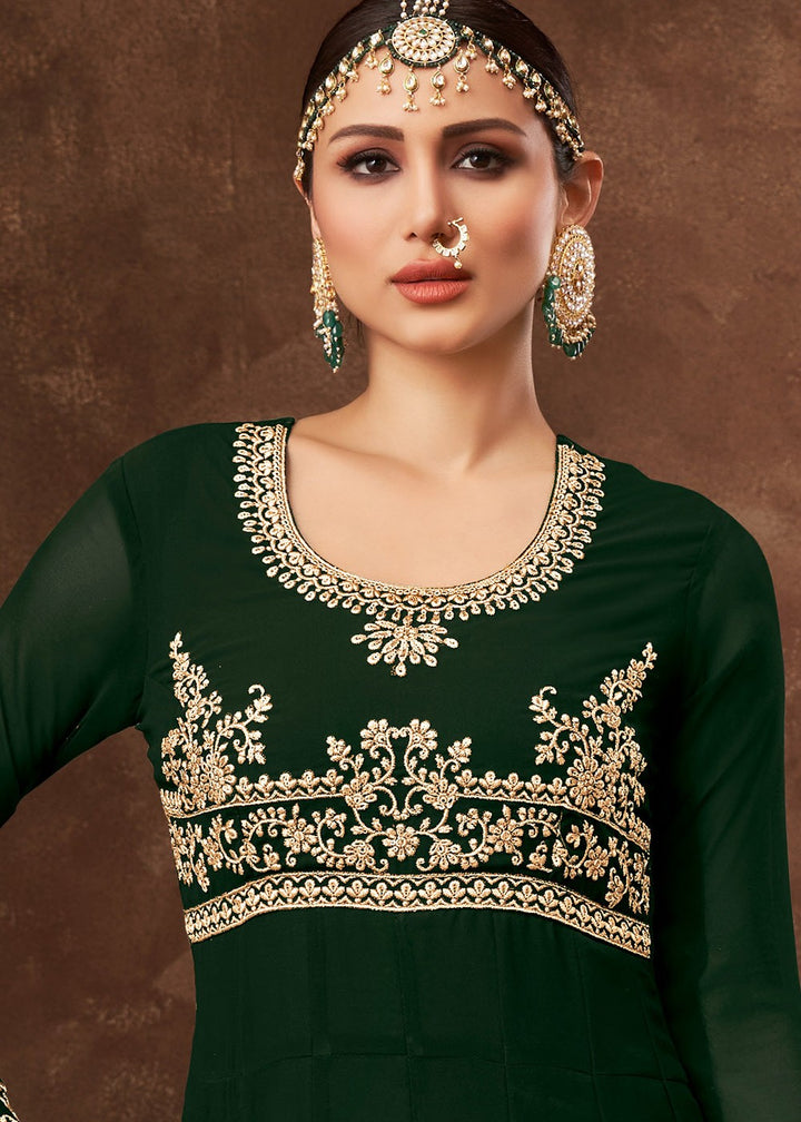 Buy Dark Green Ghera Detailed Embroidered Anarkali - Designer Anarkali