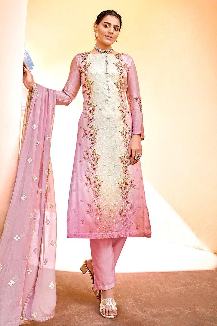 Buy Pant Style Pink & Cream Suit - Embroidered Pure Viscose Kameez