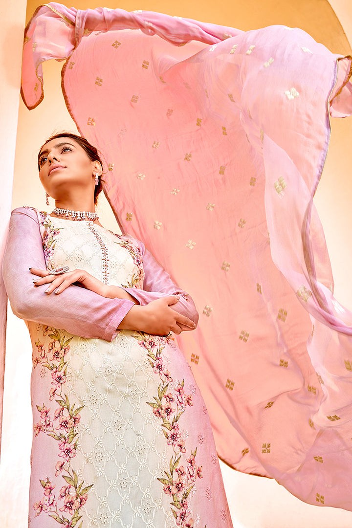 Buy Pant Style Pink & Cream Suit - Embroidered Pure Viscose Kameez