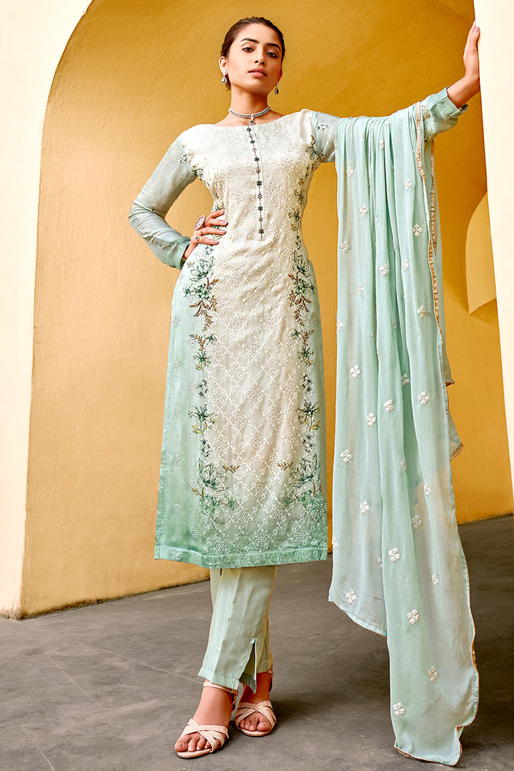 Buy Pant Style Green & Cream Suit - Embroidered Pure Viscose Kameez