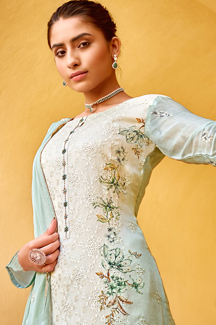 Buy Pant Style Green & Cream Suit - Embroidered Pure Viscose Kameez