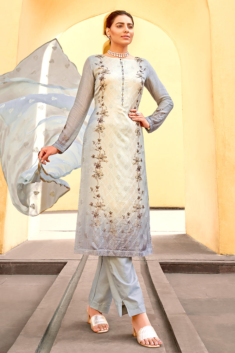 Buy Pant Style Grey & Cream Suit - Embroidered Pure Viscose Kameez