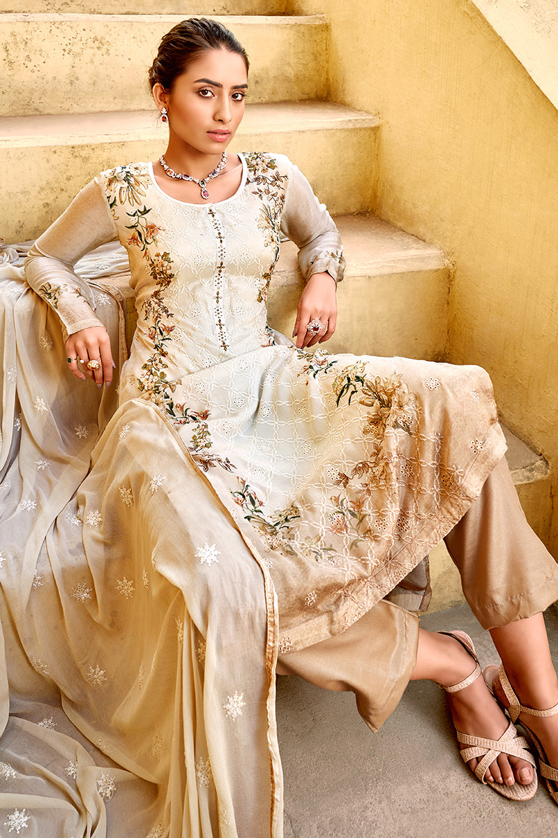 Buy Pant Style Beige & Cream Suit - Embroidered Pure Viscose Kameez