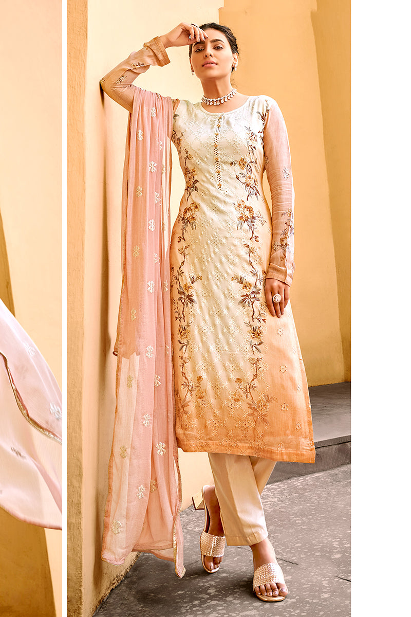 Buy Pant Style Peach & Cream Suit - Embroidered Pure Viscose Kameez