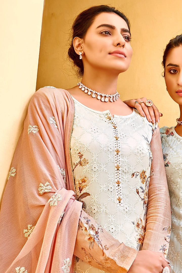 Buy Pant Style Peach & Cream Suit - Embroidered Pure Viscose Kameez