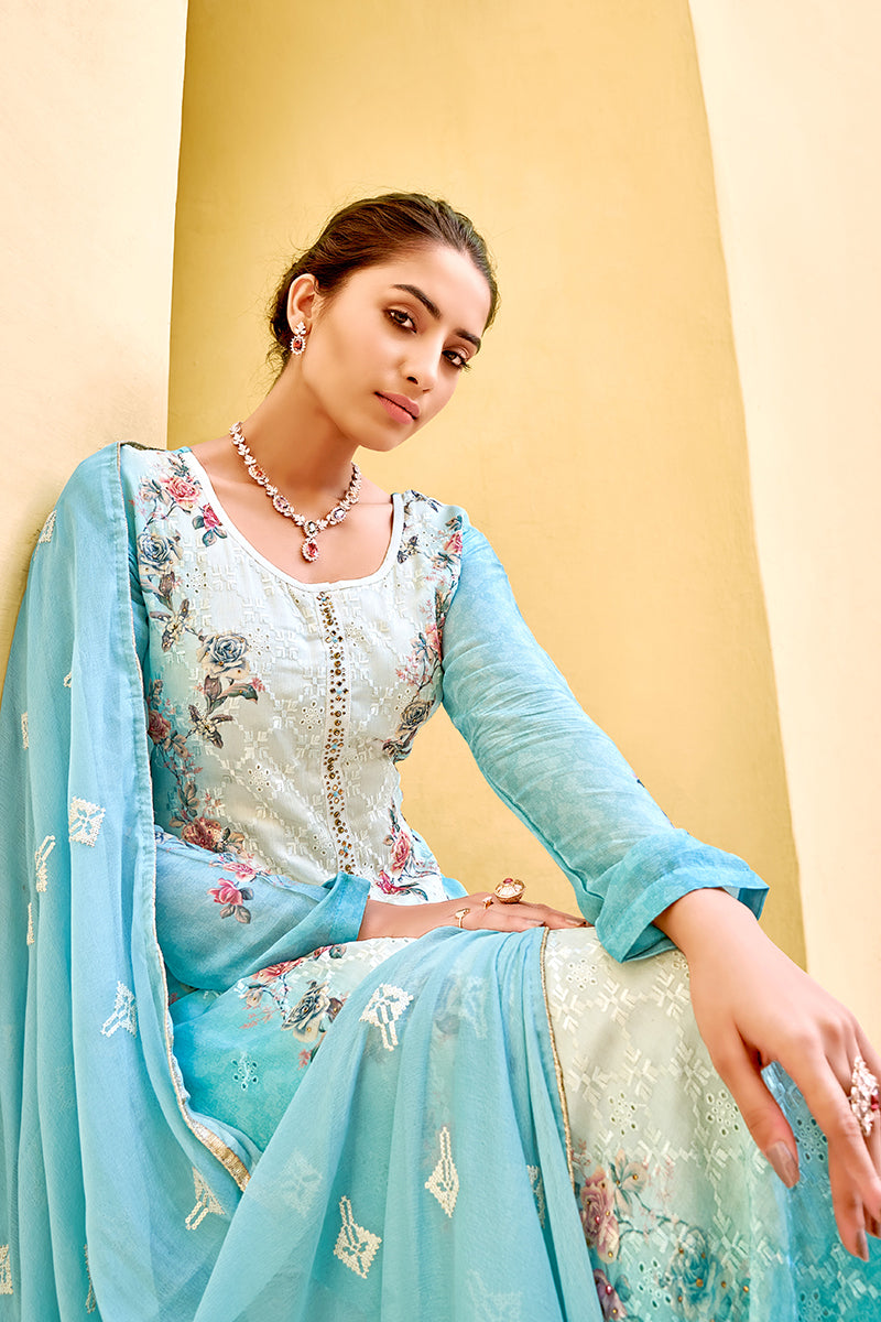 Buy Pant Style Blue & Cream Suit - Embroidered Pure Viscose Kameez