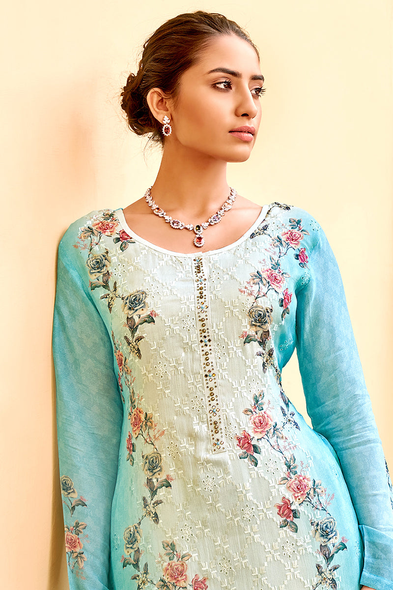Buy Pant Style Blue & Cream Suit - Embroidered Pure Viscose Kameez