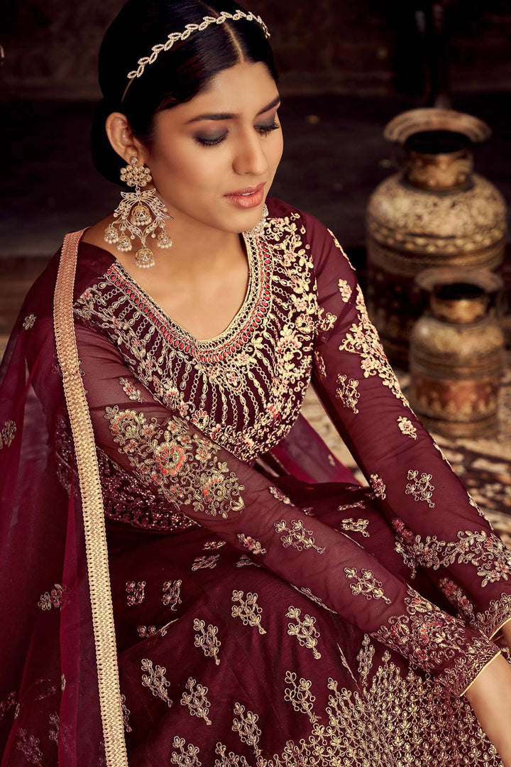 Buy Heavy Embroidered Maroon Anarkali - Net Bridal Anarkali Suit