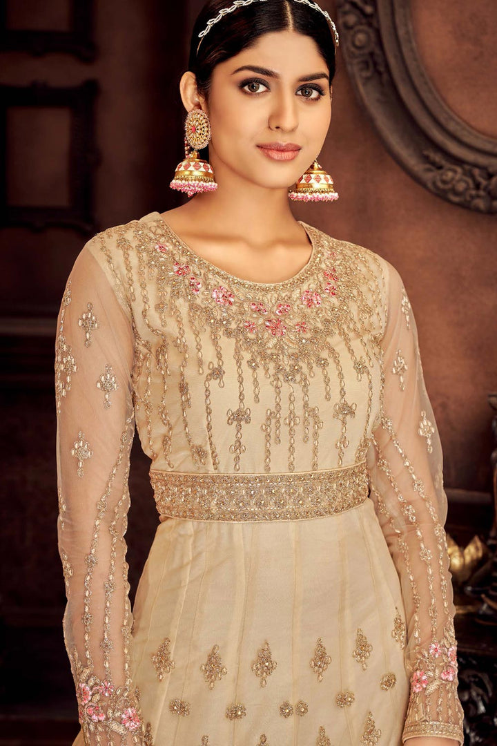 Buy Heavy Embroidered Cream Anarkali - Net Bridal Anarkali Suit