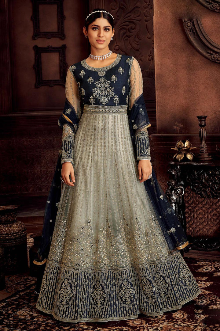 Buy Heavy Embroidered Grey & Blue Anarkali - Net Bridal Anarkali Suit