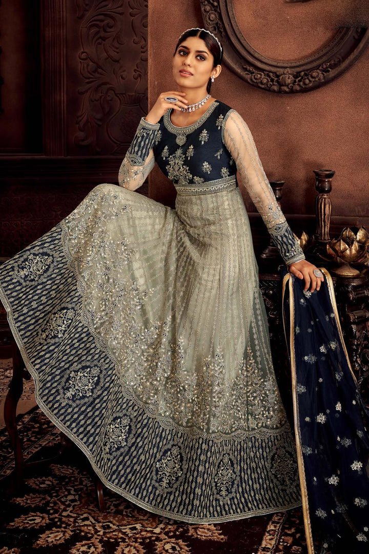 Buy Heavy Embroidered Grey & Blue Anarkali - Net Bridal Anarkali Suit