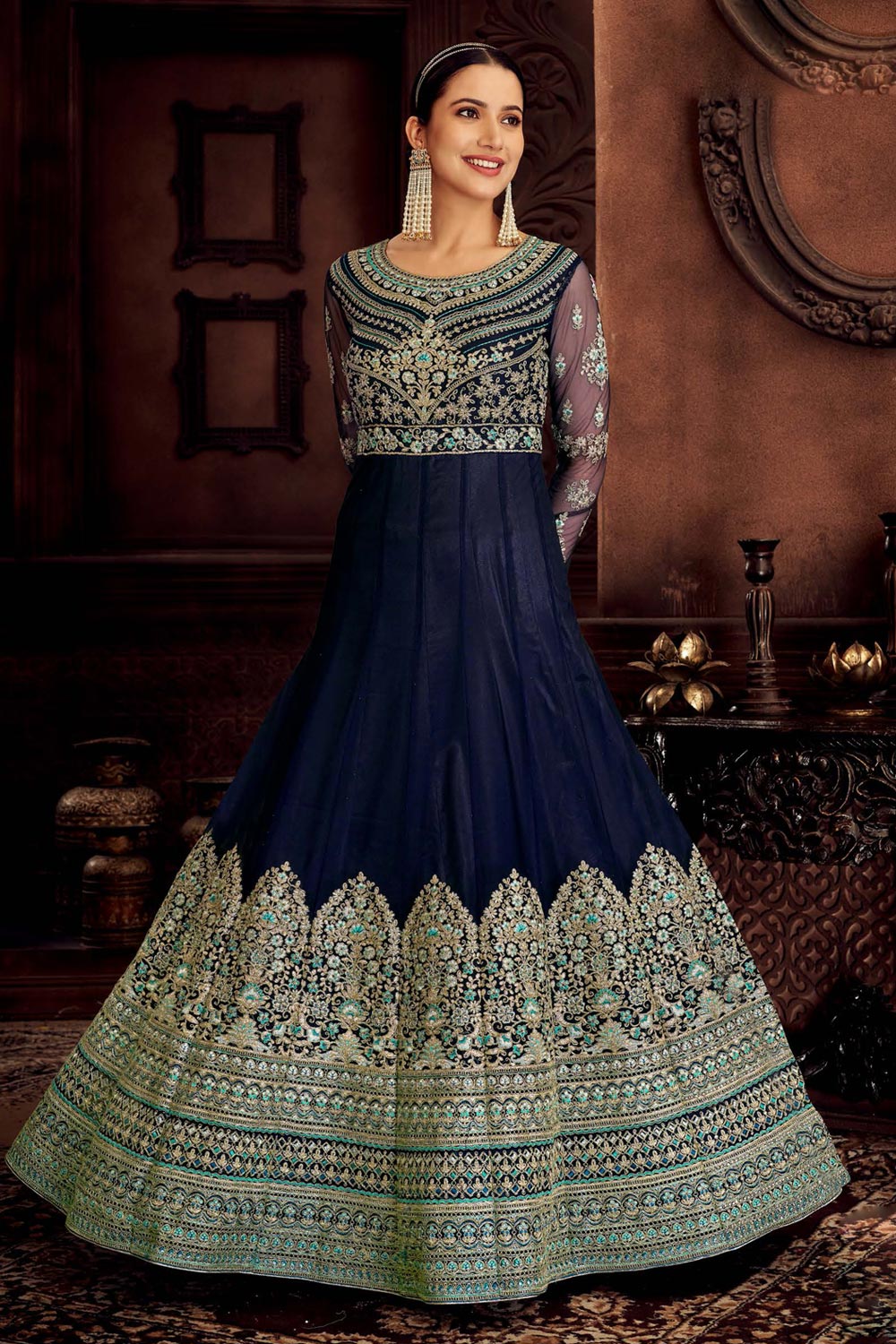 Buy Heavy Embroidered Navy Blue Anarkali - Net Bridal Anarkali Suit