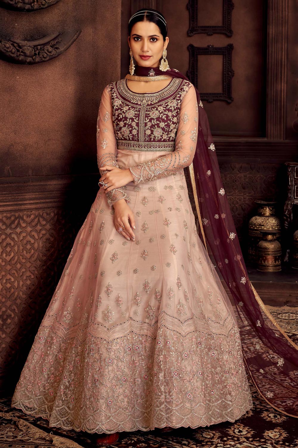 Buy Heavy Embroidered Pink & Wine Anarkali - Net Bridal Anarkali Suit