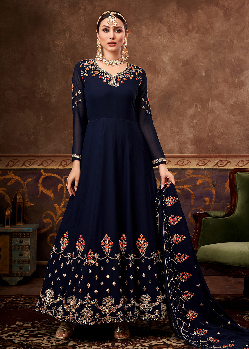Buy Eid Special Navy Blue Georgette Anarkali - Designer Anarkali Suit
