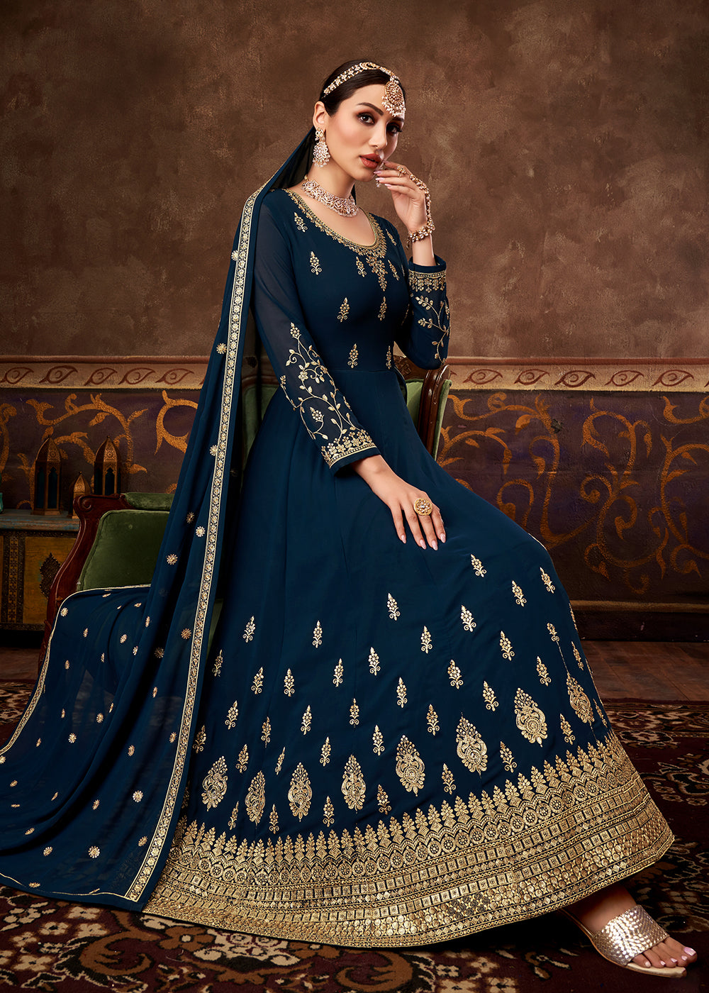 Buy Eid Special Prussian Blue Georgette Anarkali - Designer Anarkali Suit