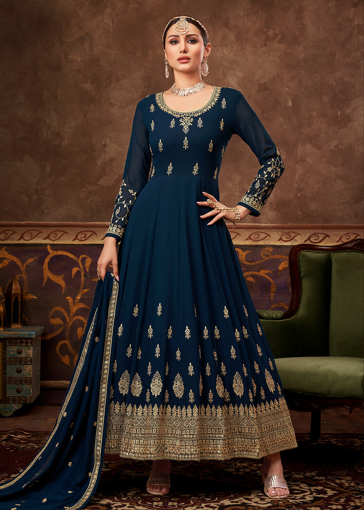 Buy Eid Special Prussian Blue Georgette Anarkali - Designer Anarkali Suit