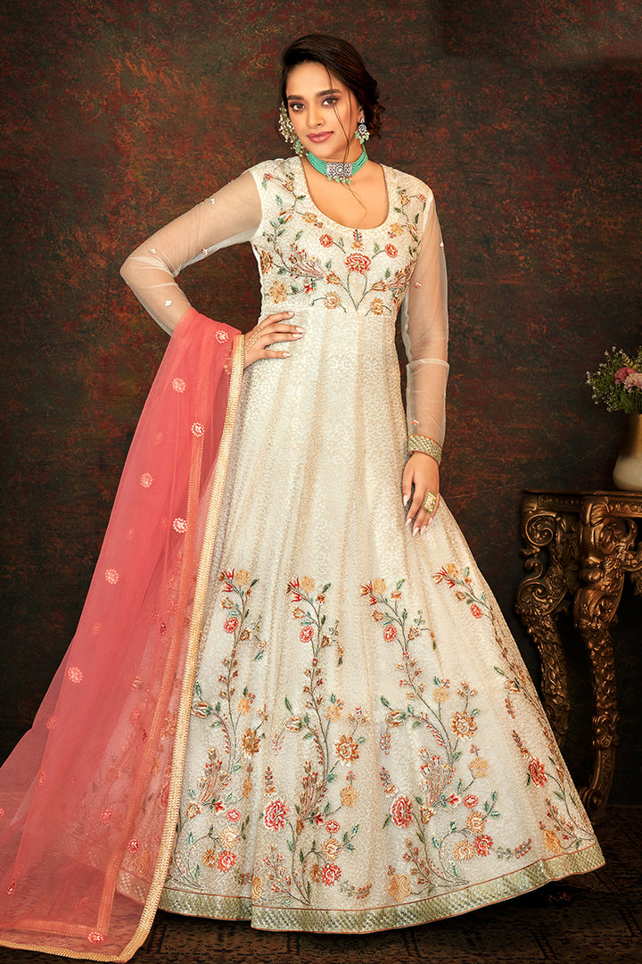 Buy Floral Embroidered Cream Anarkali - Designer Wedding Anarkali Suit