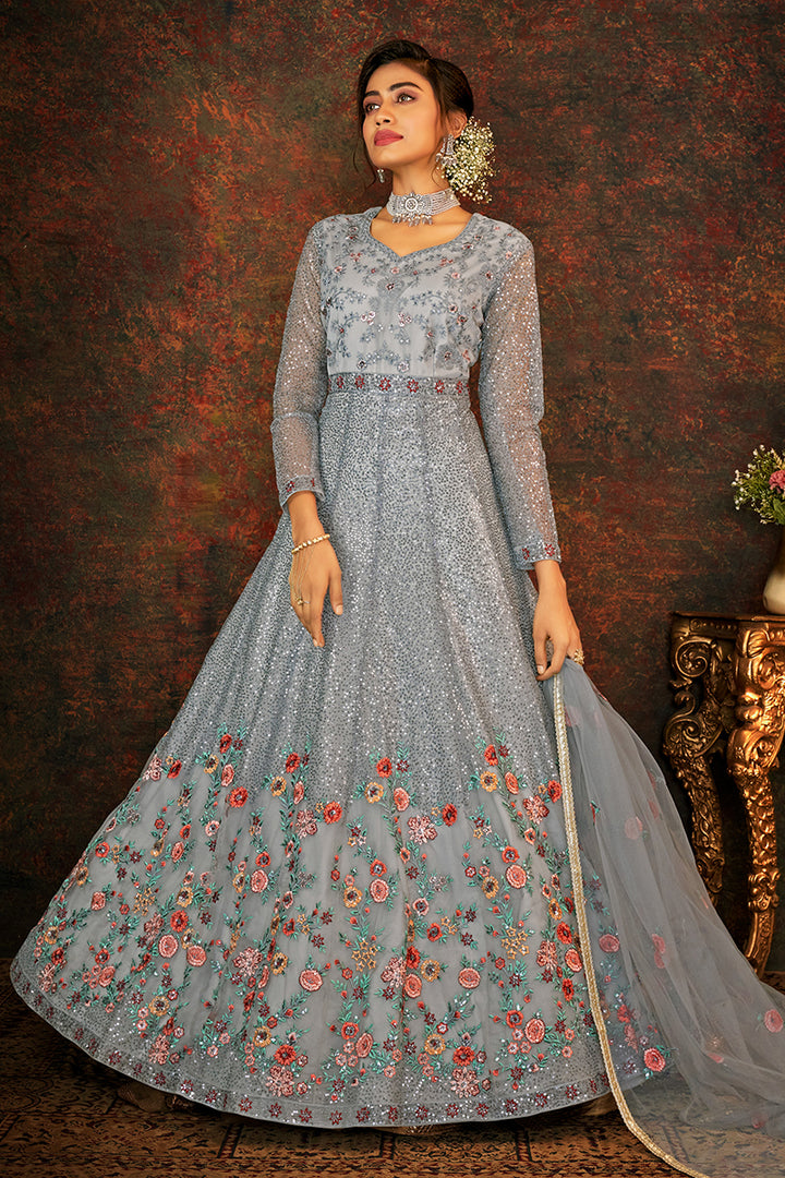 Buy Floral Embroidered Grey Anarkali - Designer Wedding Anarkali Suit