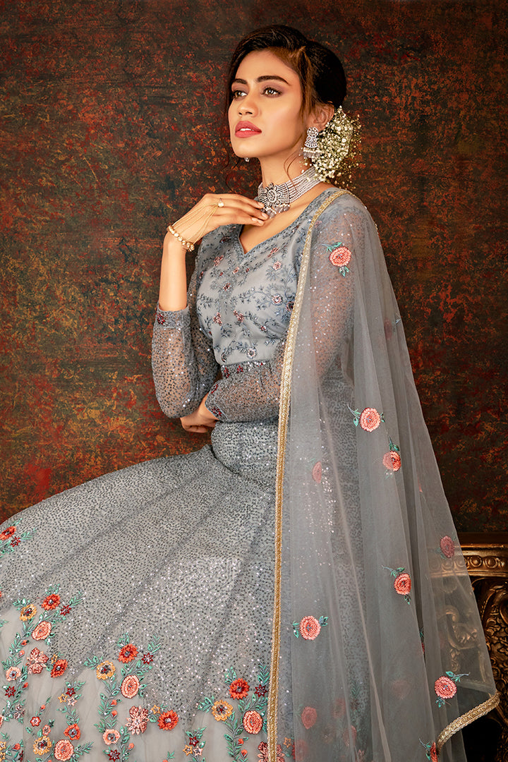 Buy Floral Embroidered Grey Anarkali - Designer Wedding Anarkali Suit