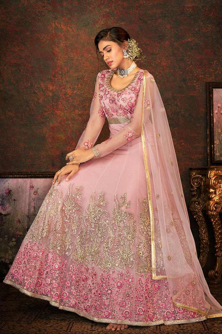 Buy Floral Embroidered Dusty Pink Designer Wedding Anarkali Suit