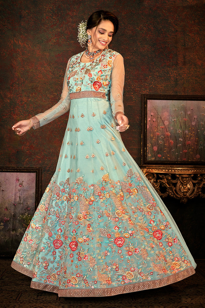 Buy Floral Embroidered Dusty Blue Designer Wedding Anarkali Suit