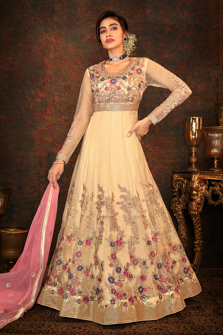 Buy Floral Embroidered Beige Anarkali - Designer Wedding Anarkali Suit