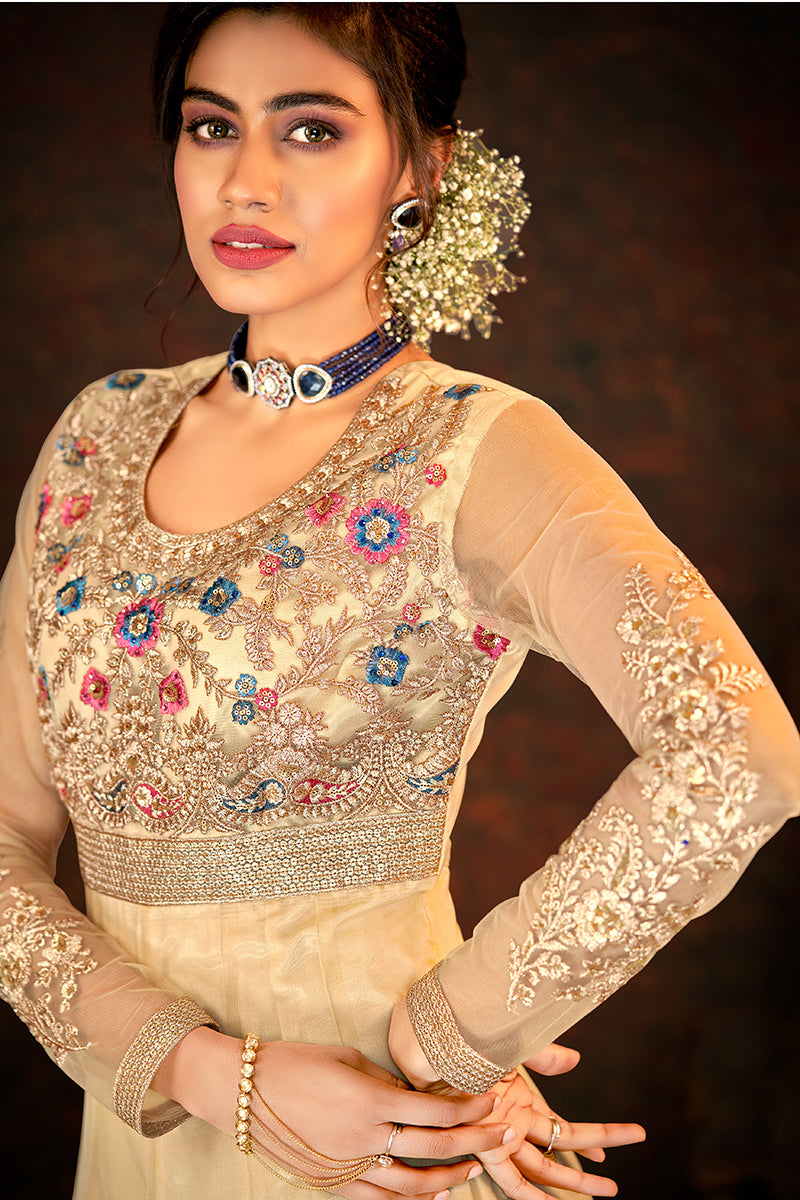 Buy Floral Embroidered Beige Anarkali - Designer Wedding Anarkali Suit