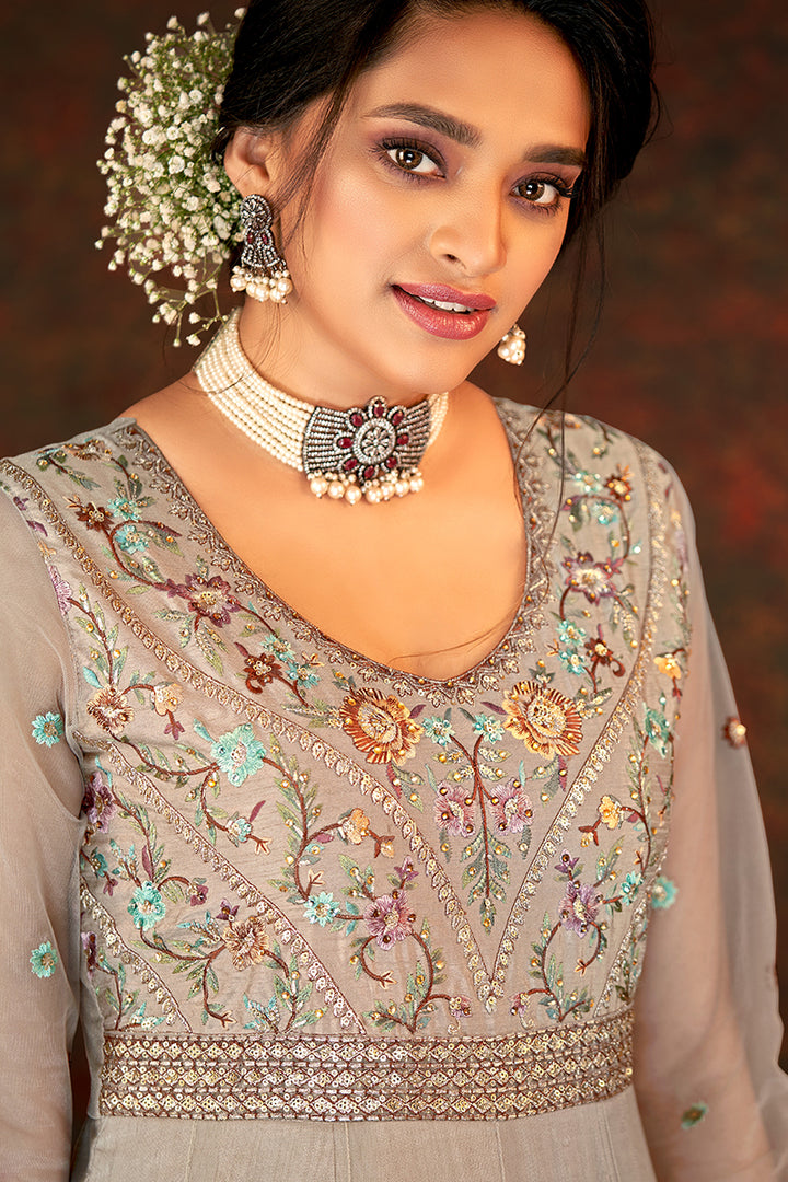 Buy Floral Embroidered Pastel Brown Designer Wedding Anarkali Suit
