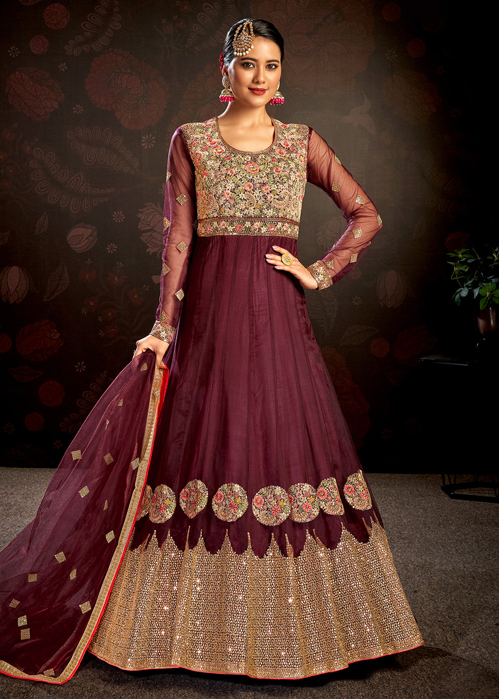 Buy Now Maroon Sparkly Net Embroidered Designer Anarkali Suit Online in USA, UK, Australia, New Zealand, Canada & Worldwide at Empress Clothing. 