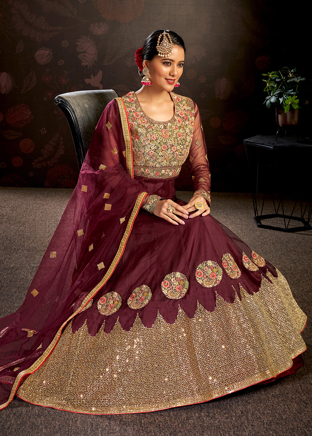 Buy Now Maroon Sparkly Net Embroidered Designer Anarkali Suit Online in USA, UK, Australia, New Zealand, Canada & Worldwide at Empress Clothing. 