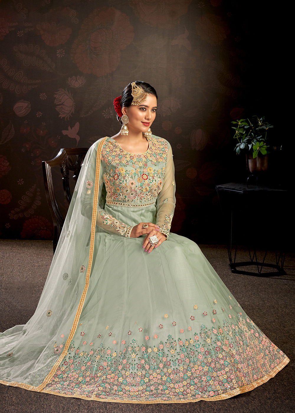 Buy Now Mint Green Sparkly Net Embroidered Designer Anarkali Suit Online in USA, UK, Australia, New Zealand, Canada & Worldwide at Empress Clothing.