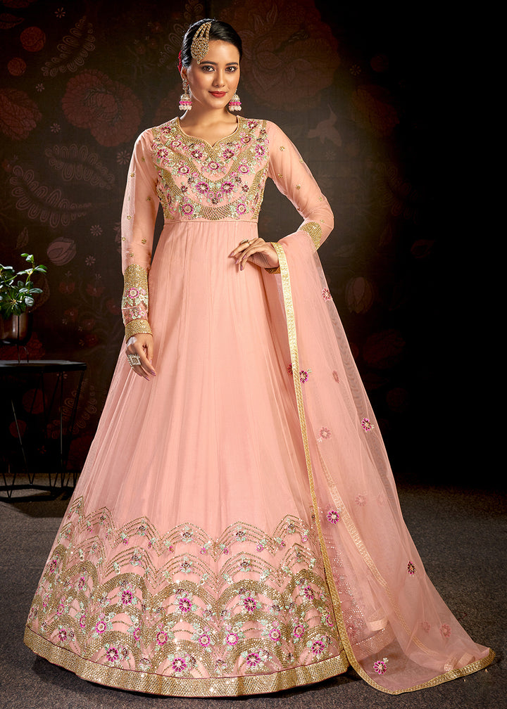 Buy Now Light Pink Sparkly Net Embroidered Designer Anarkali Suit Online in USA, UK, Australia, New Zealand, Canada & Worldwide at Empress Clothing.