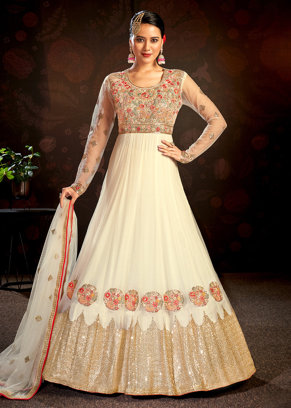 Buy Now Cream Sparkly Net Embroidered Designer Anarkali Suit Online in USA, UK, Australia, New Zealand, Canada & Worldwide at Empress Clothing.